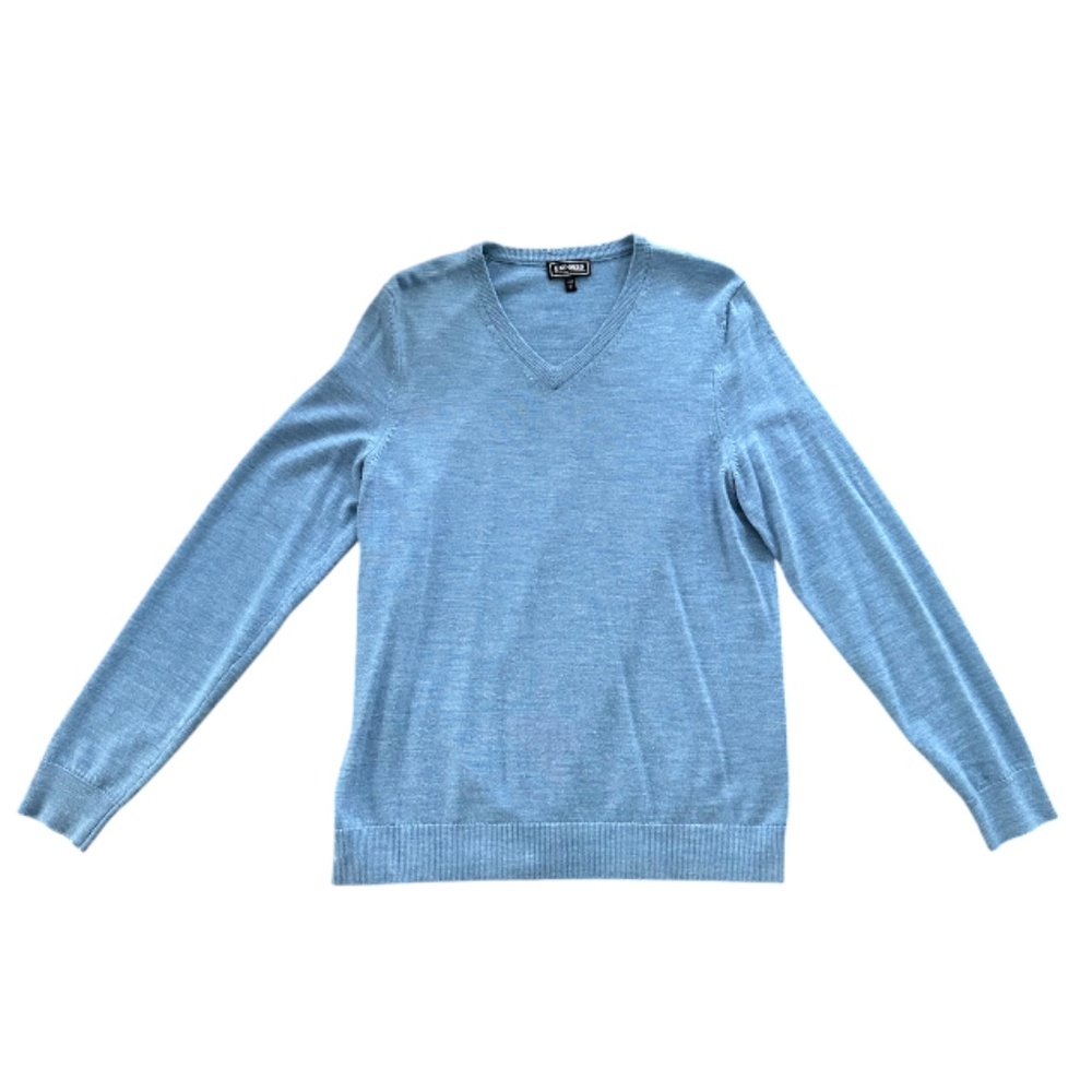Express Men's Blue 100% Merino Wool V-Neck Sweater Size M